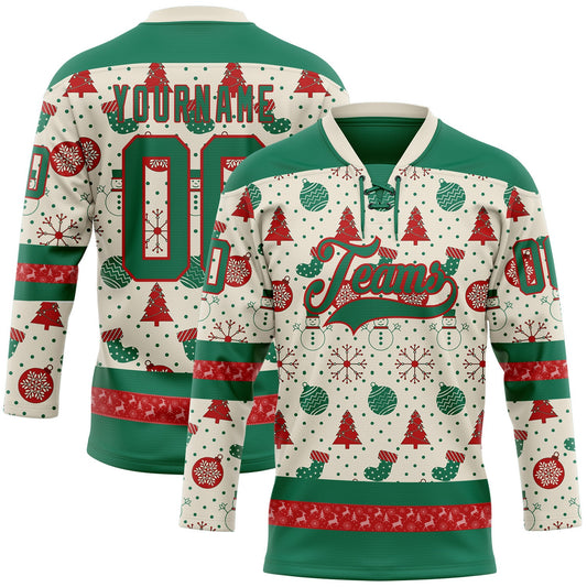 Custom Cream Kelly Green-Red 3D Christmas Hockey Lace Neck Jersey - Main View