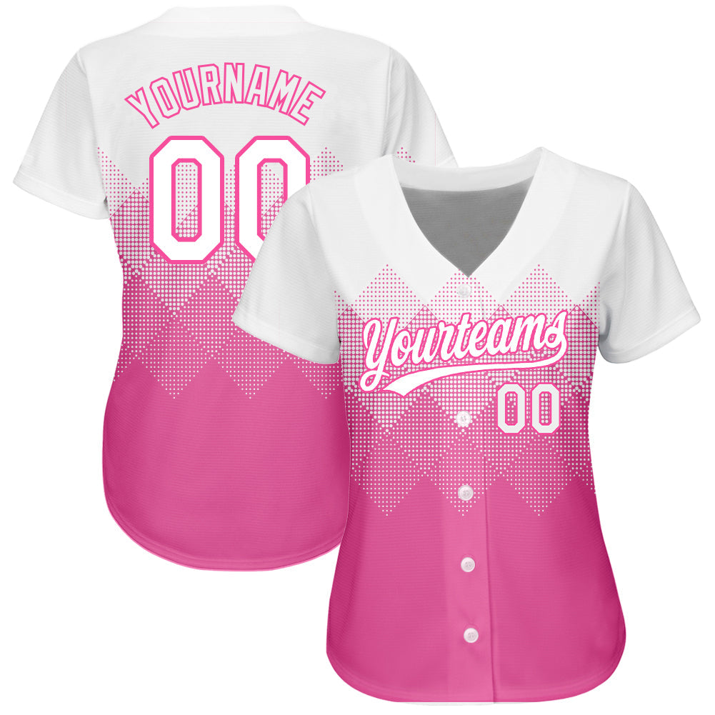 Custom Pink White 3D Pattern Design Authentic Baseball Jersey view 2