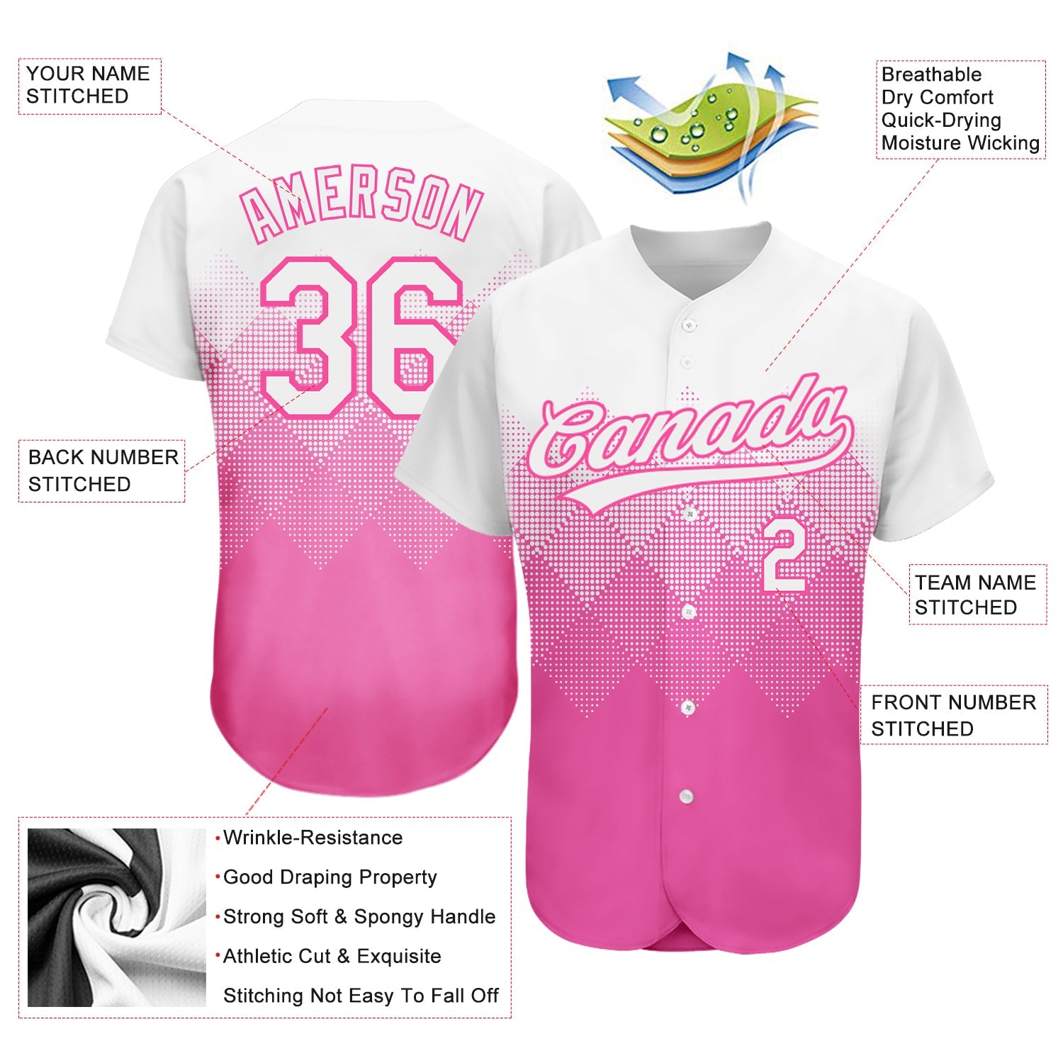 Custom Pink White 3D Pattern Design Authentic Baseball Jersey view 3