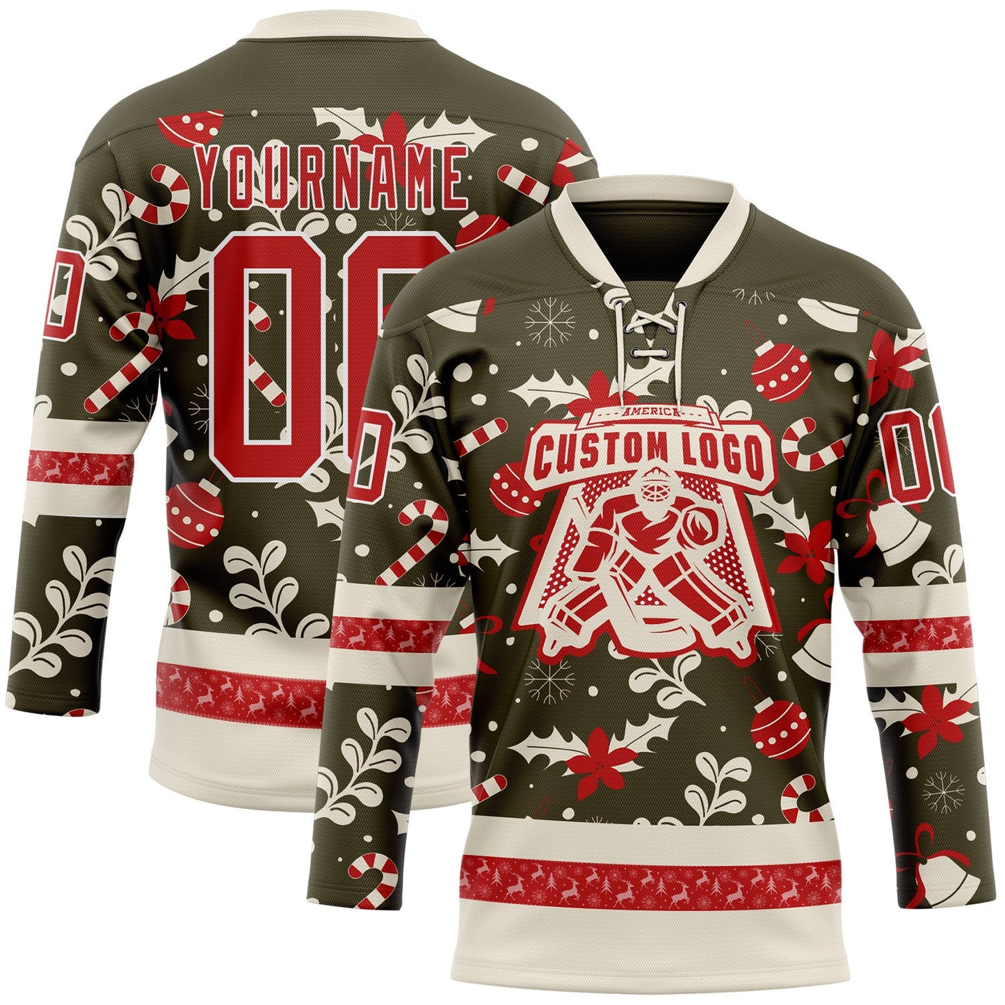 Custom Olive Red-White 3D Christmas Hockey Lace Neck Jersey view 2