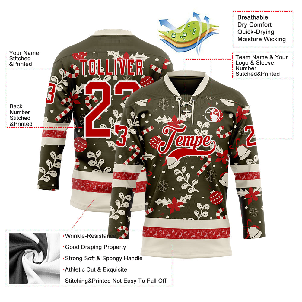 Custom Olive Red-White 3D Christmas Hockey Lace Neck Jersey view 3