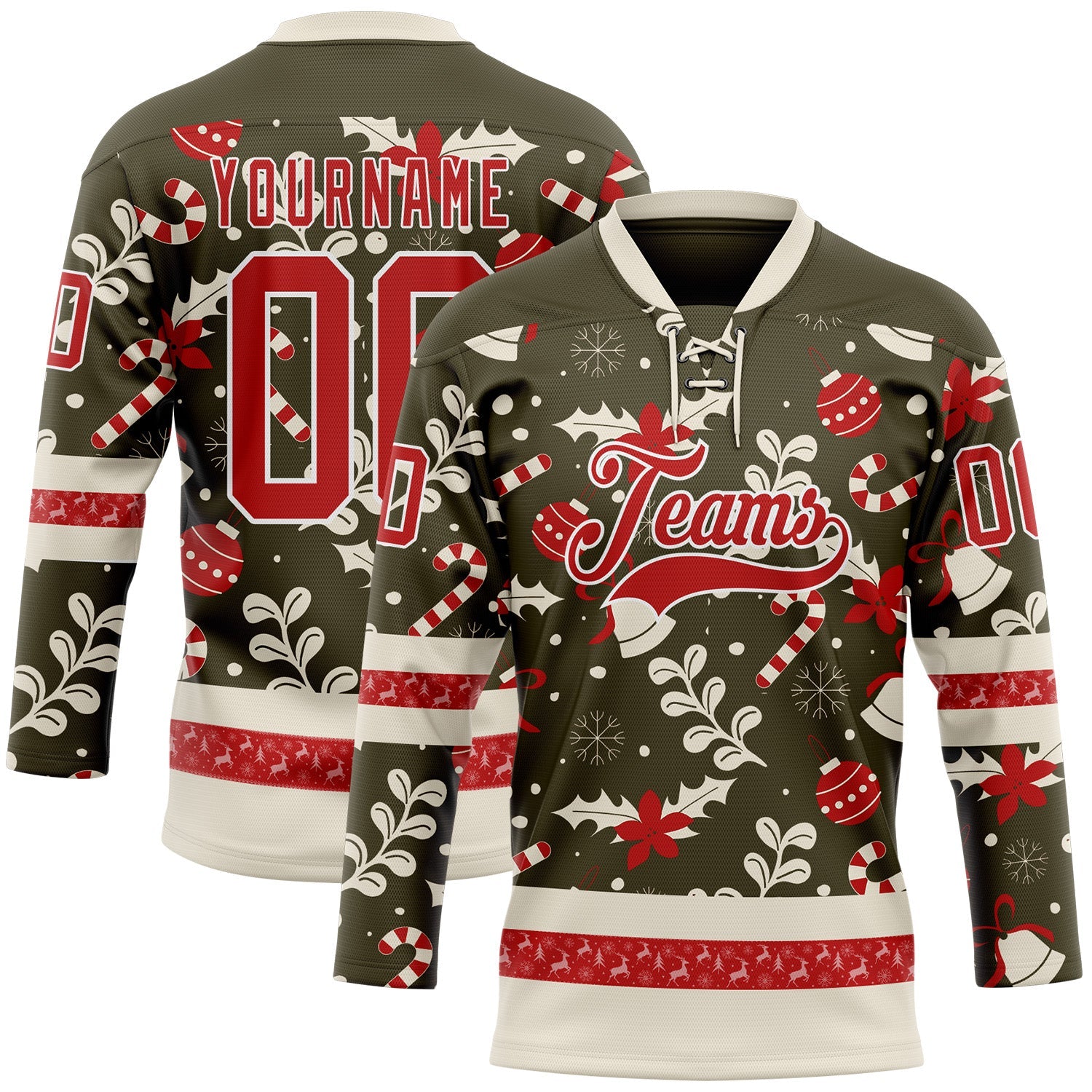 Custom Olive Red-White 3D Christmas Hockey Lace Neck Jersey - Main View
