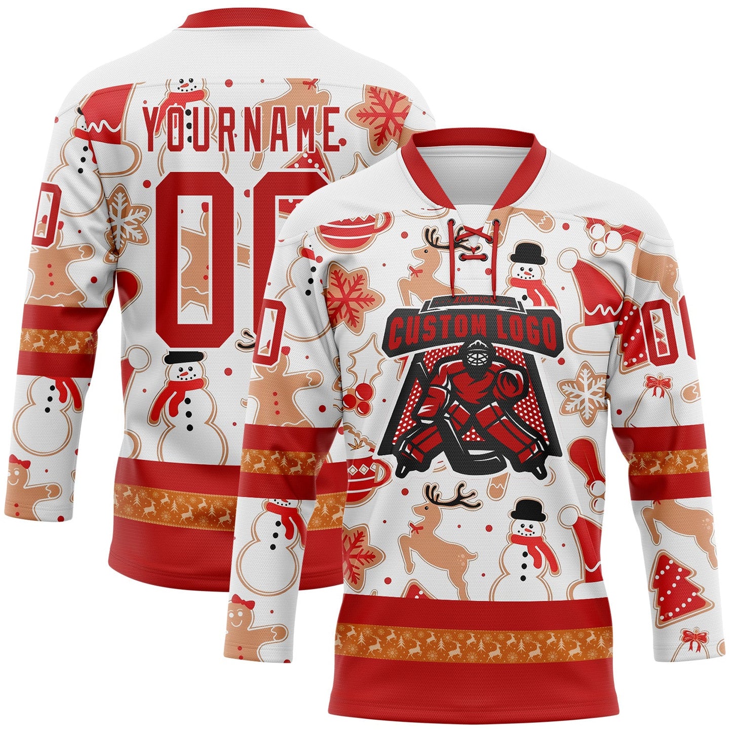Custom White Red-White 3D Christmas Hockey Lace Neck Jersey view 2