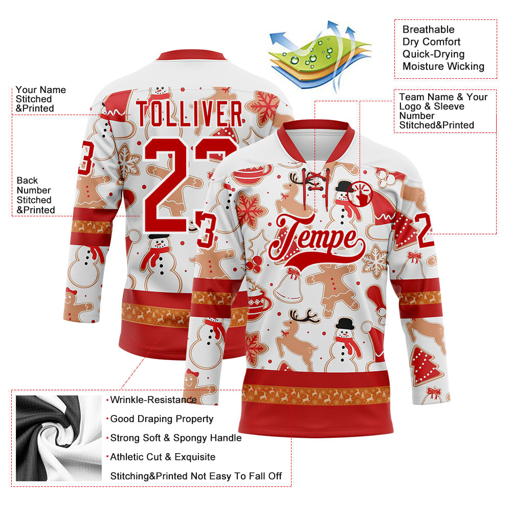 Custom White Red-White 3D Christmas Hockey Lace Neck Jersey view 3