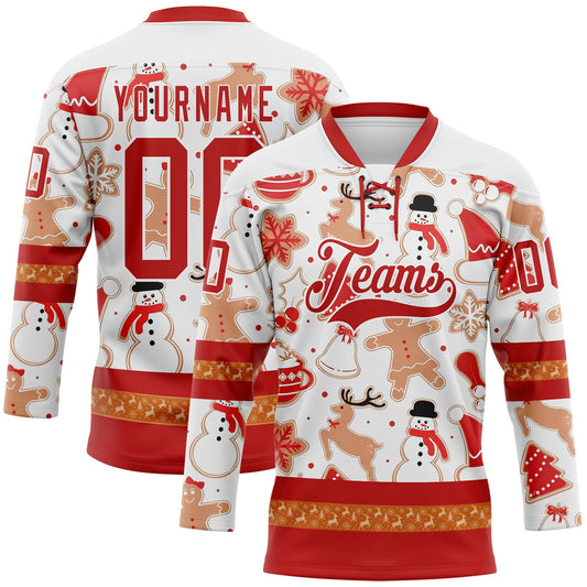 Custom White Red-White 3D Christmas Hockey Lace Neck Jersey - Main View