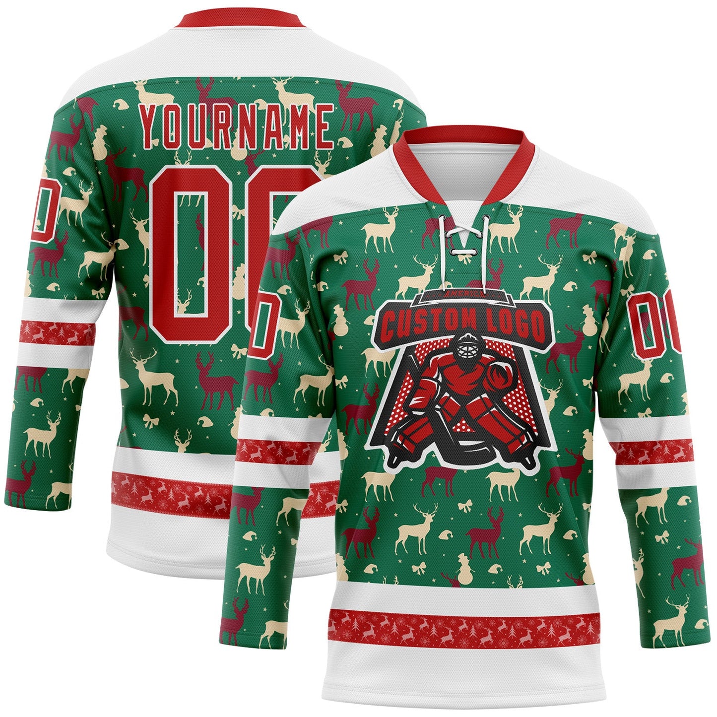 Custom Kelly Green Red-White 3D Christmas Reindeer Hockey Lace Neck Jersey view 2
