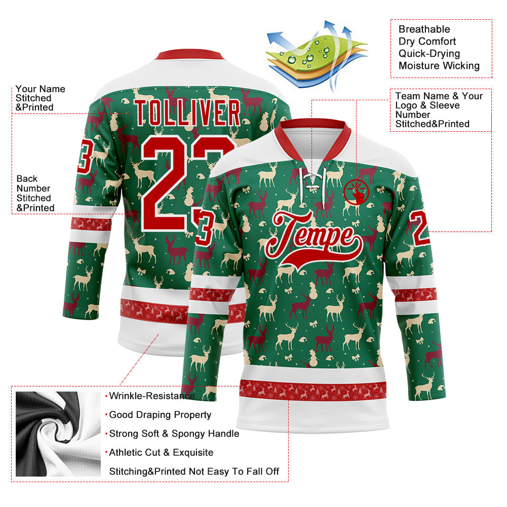 Custom Kelly Green Red-White 3D Christmas Reindeer Hockey Lace Neck Jersey view 3