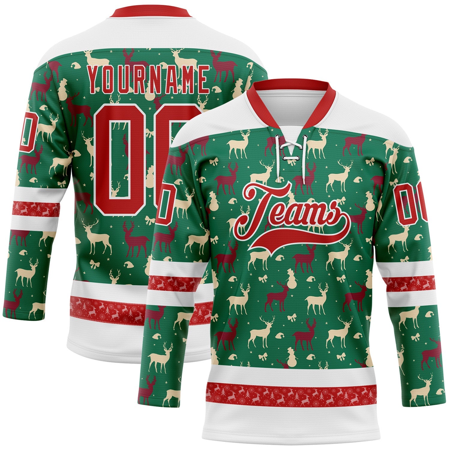 Custom Kelly Green Red-White 3D Christmas Reindeer Hockey Lace Neck Jersey - Main View