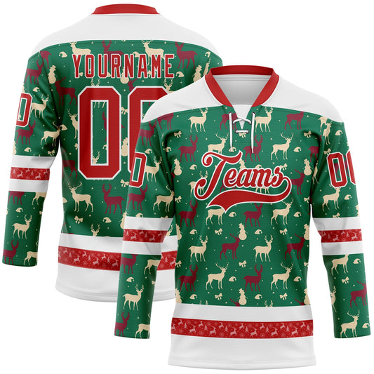 Custom Kelly Green Red-White 3D Christmas Reindeer Hockey Lace Neck Jersey - Main View
