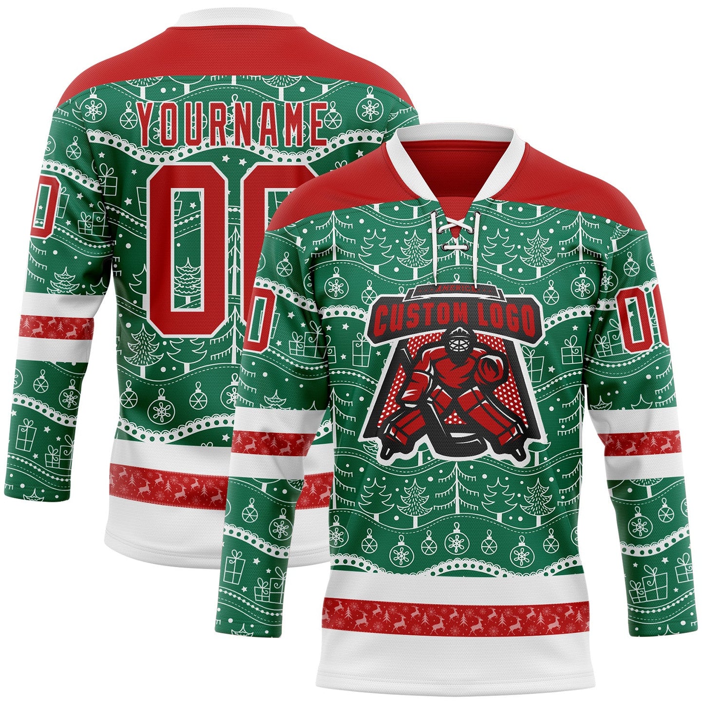 Custom Kelly Green Red-White 3D Christmas Hockey Lace Neck Jersey view 2