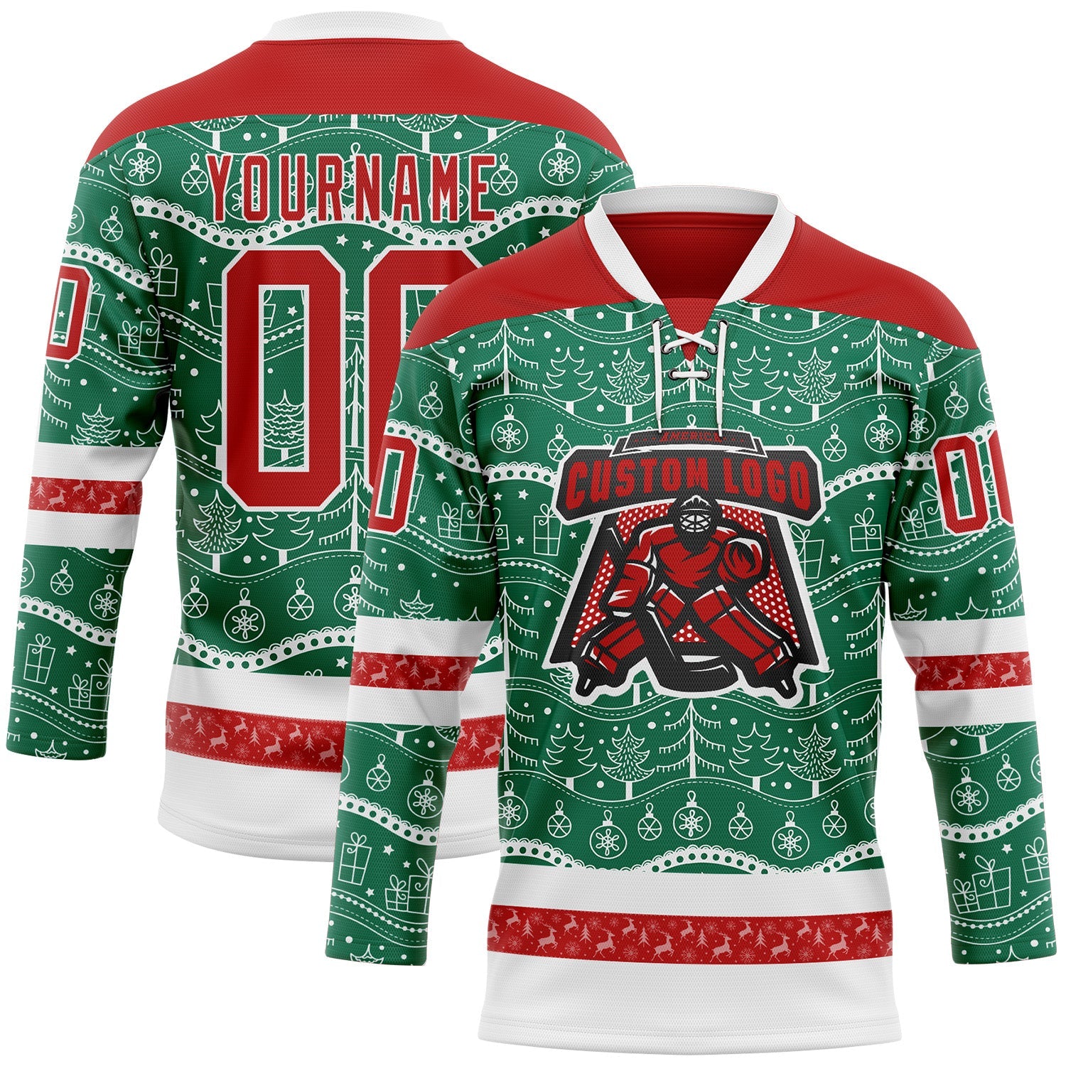 Custom Kelly Green Red-White 3D Christmas Hockey Lace Neck Jersey view 2
