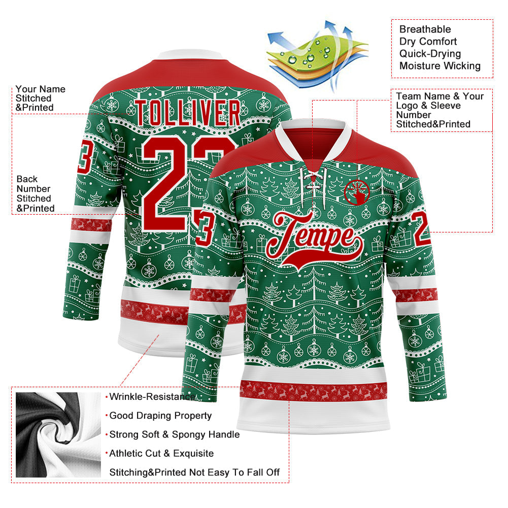 Custom Kelly Green Red-White 3D Christmas Hockey Lace Neck Jersey view 3