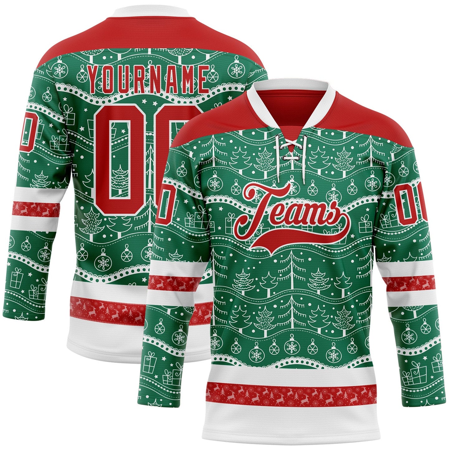 Custom Kelly Green Red-White 3D Christmas Hockey Lace Neck Jersey - Main View
