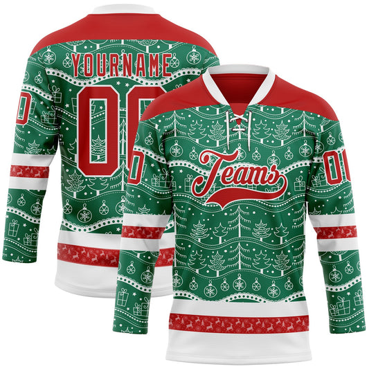 Custom Kelly Green Red-White 3D Christmas Hockey Lace Neck Jersey - Main View