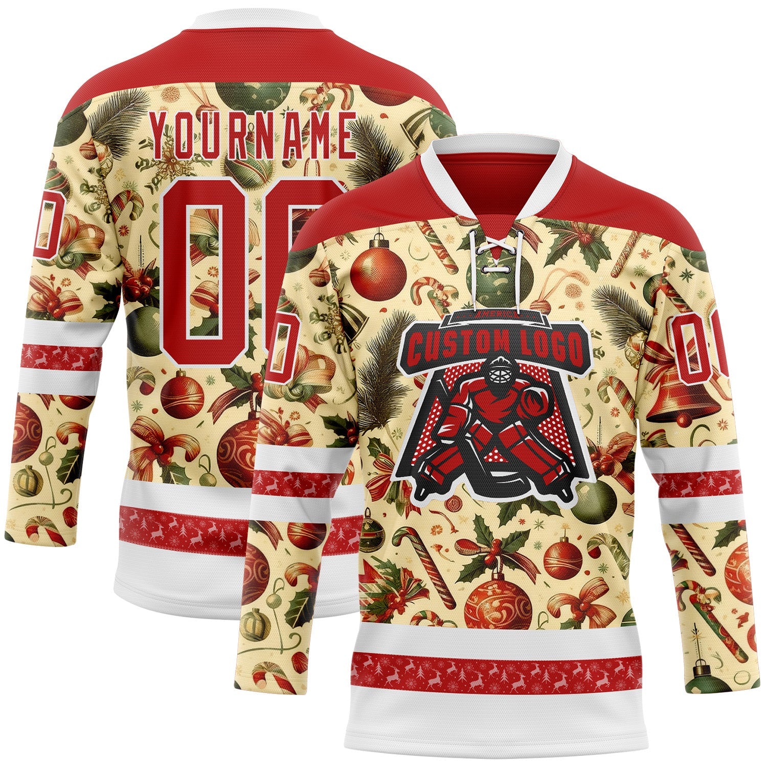 Custom Red Red-White 3D Christmas Hockey Lace Neck Jersey view 2