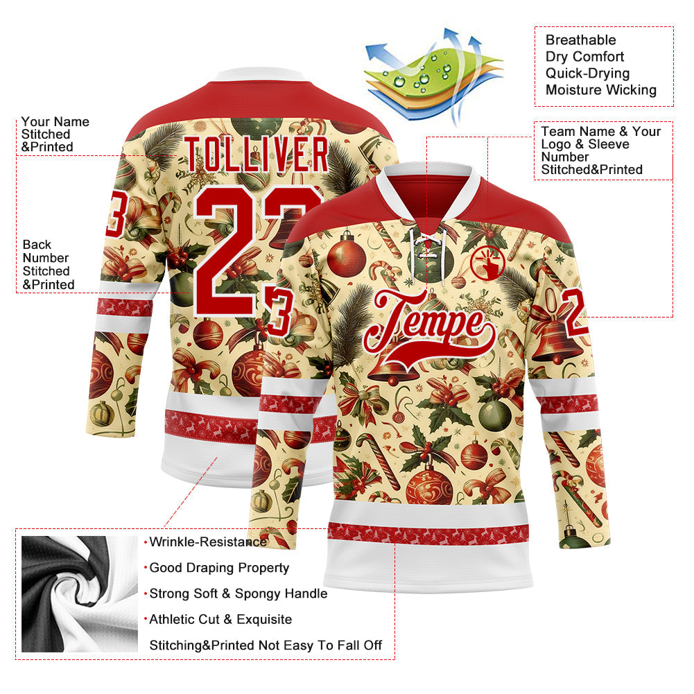 Custom Red Red-White 3D Christmas Hockey Lace Neck Jersey view 3