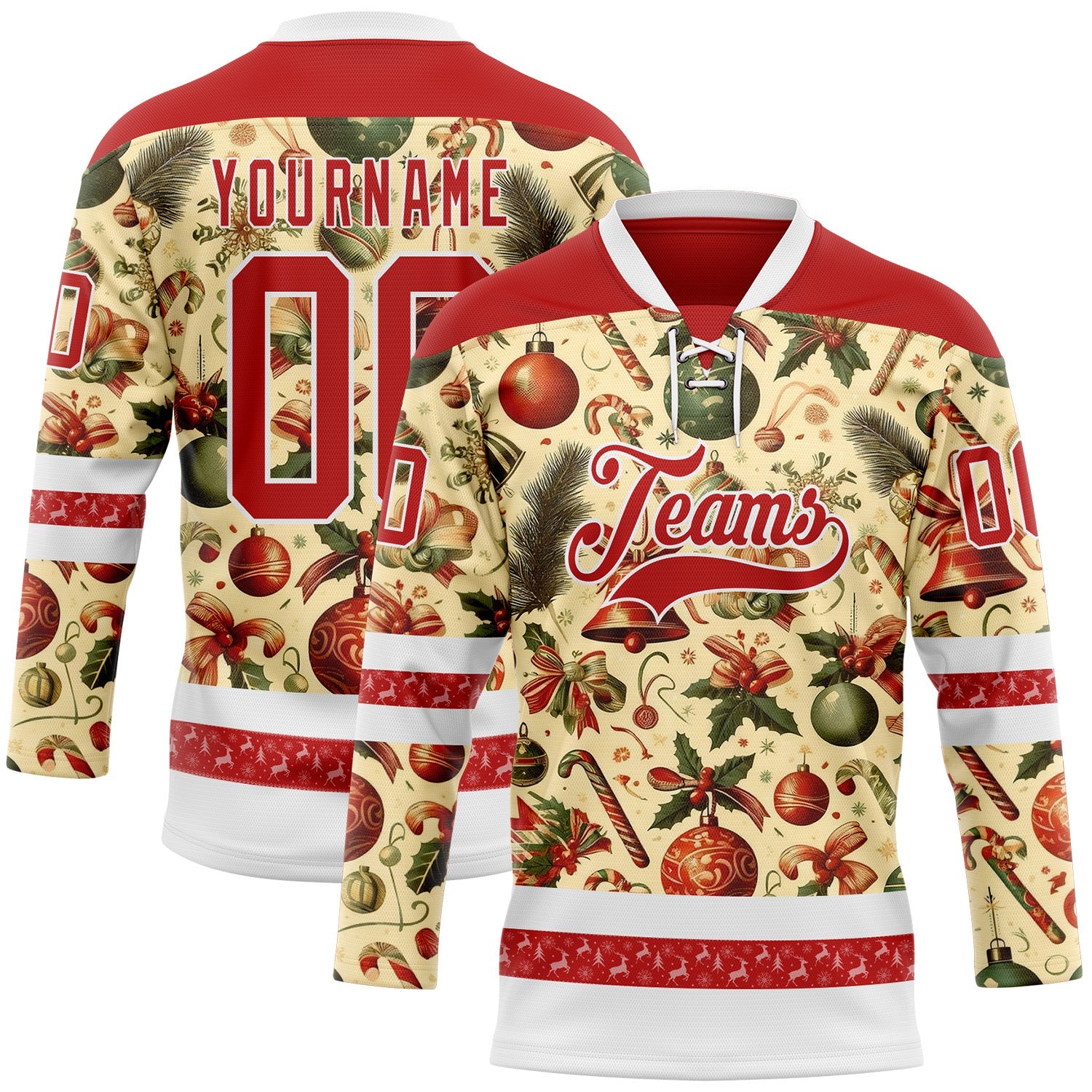 Custom Red Red-White 3D Christmas Hockey Lace Neck Jersey - Main View