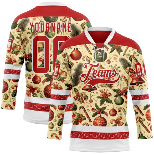 Custom Red Red-White 3D Christmas Hockey Lace Neck Jersey - Main View