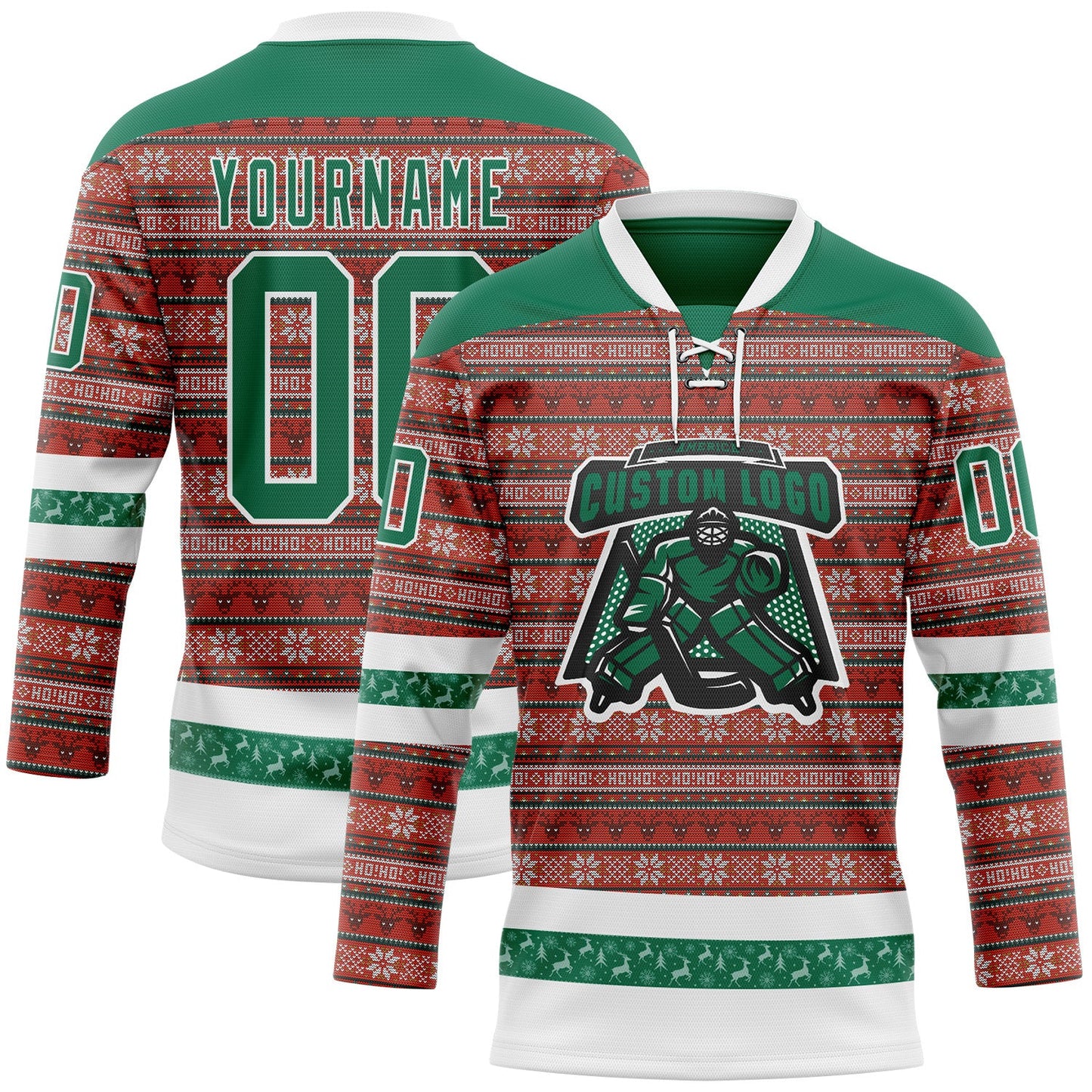 Custom Red Kelly Green-White 3D Christmas Ugly Sweater Hockey Lace Neck Jersey view 2