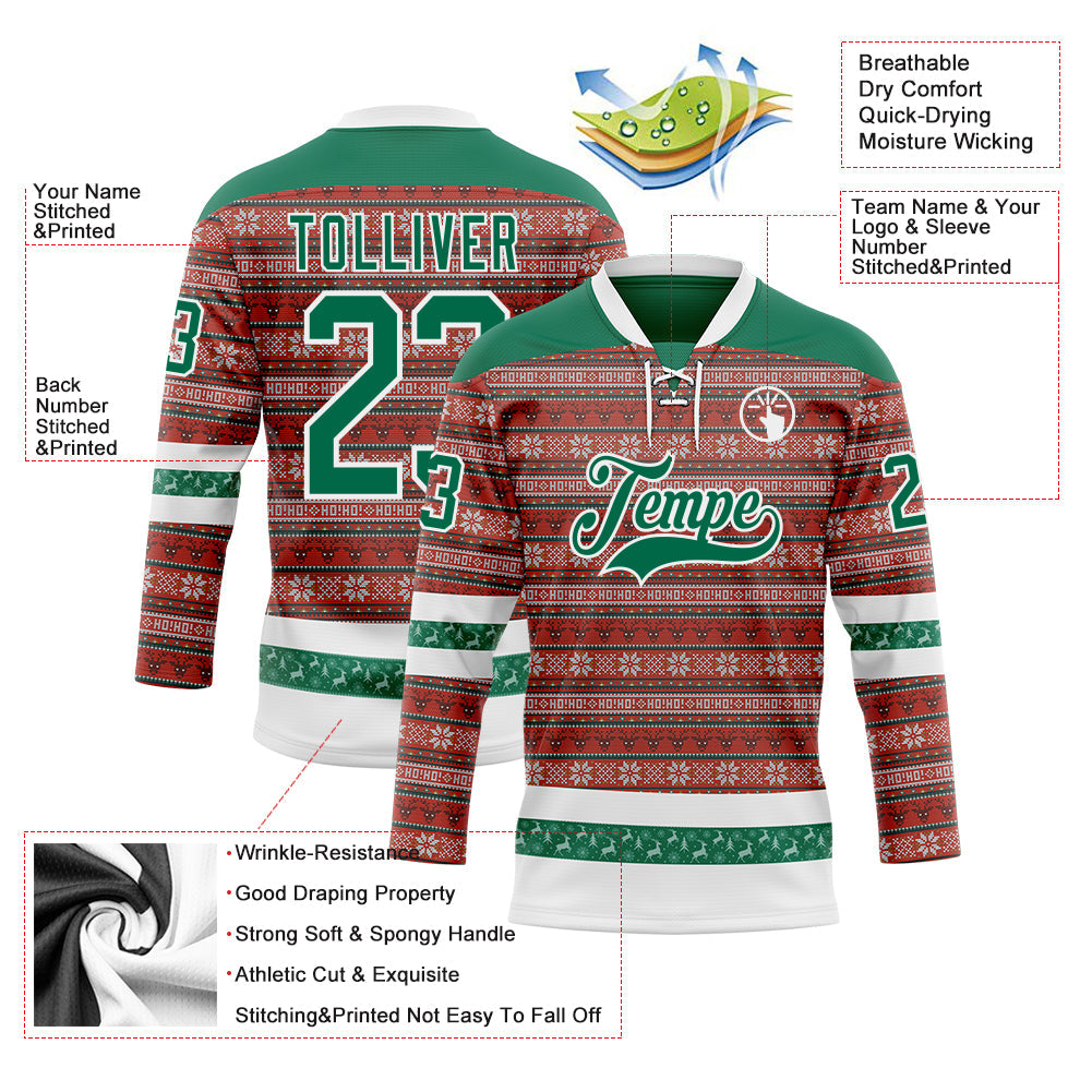 Custom Red Kelly Green-White 3D Christmas Ugly Sweater Hockey Lace Neck Jersey view 3