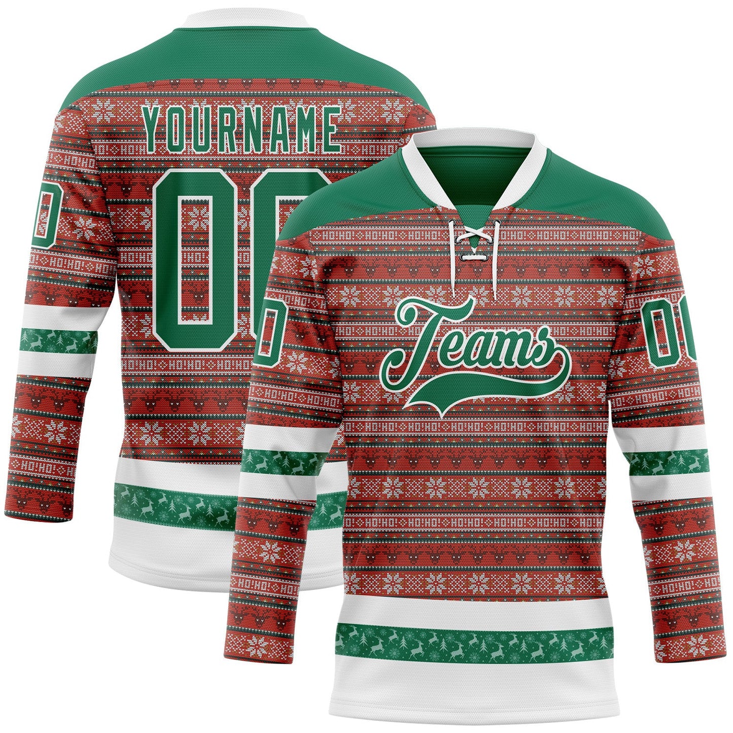 Custom Red Kelly Green-White 3D Christmas Ugly Sweater Hockey Lace Neck Jersey - Main View