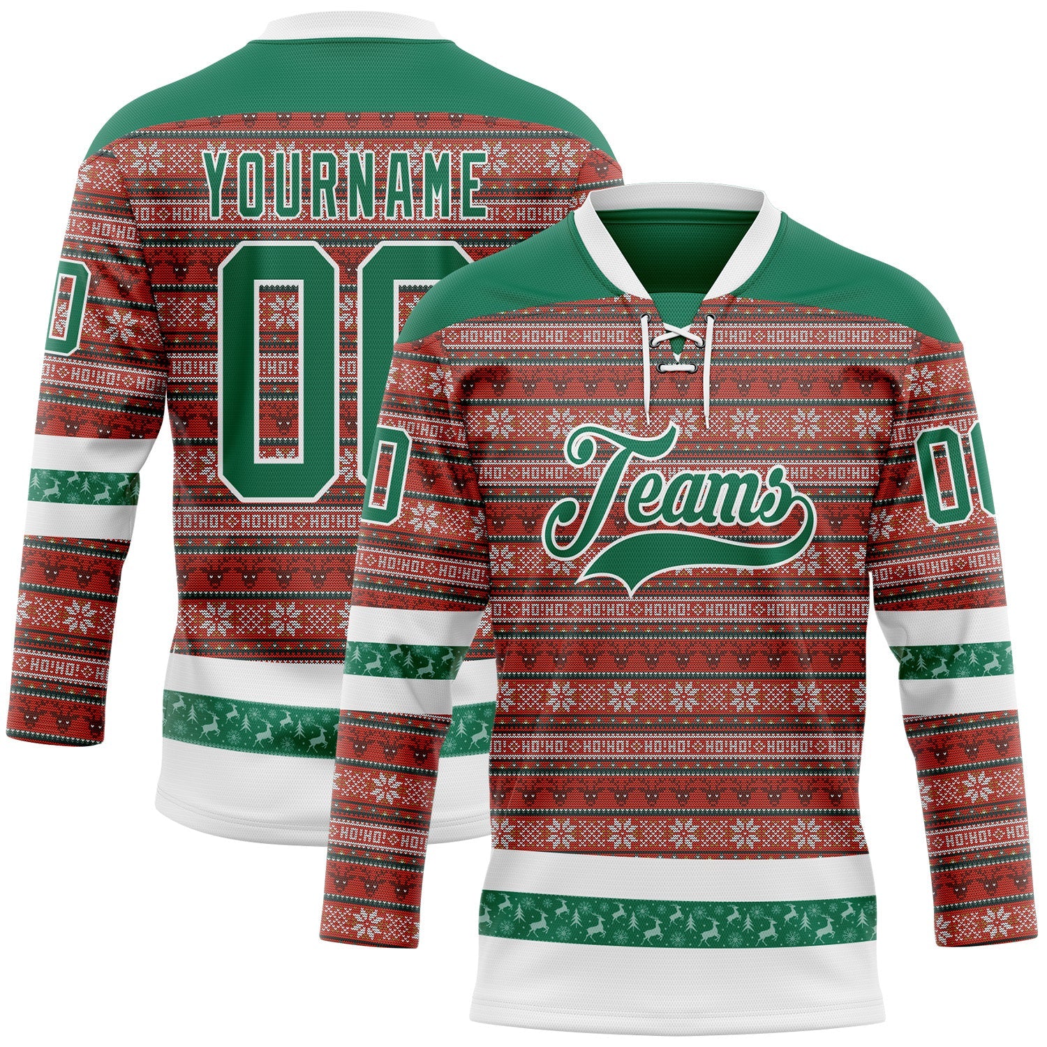Custom Red Kelly Green-White 3D Christmas Ugly Sweater Hockey Lace Neck Jersey - Main View