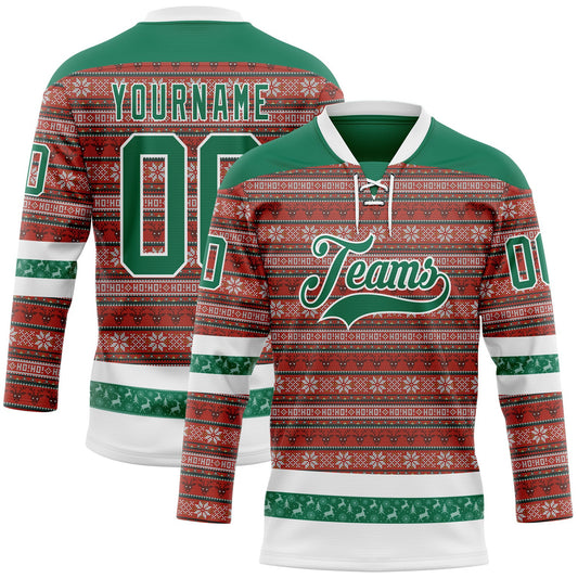 Custom Red Kelly Green-White 3D Christmas Ugly Sweater Hockey Lace Neck Jersey - Main View
