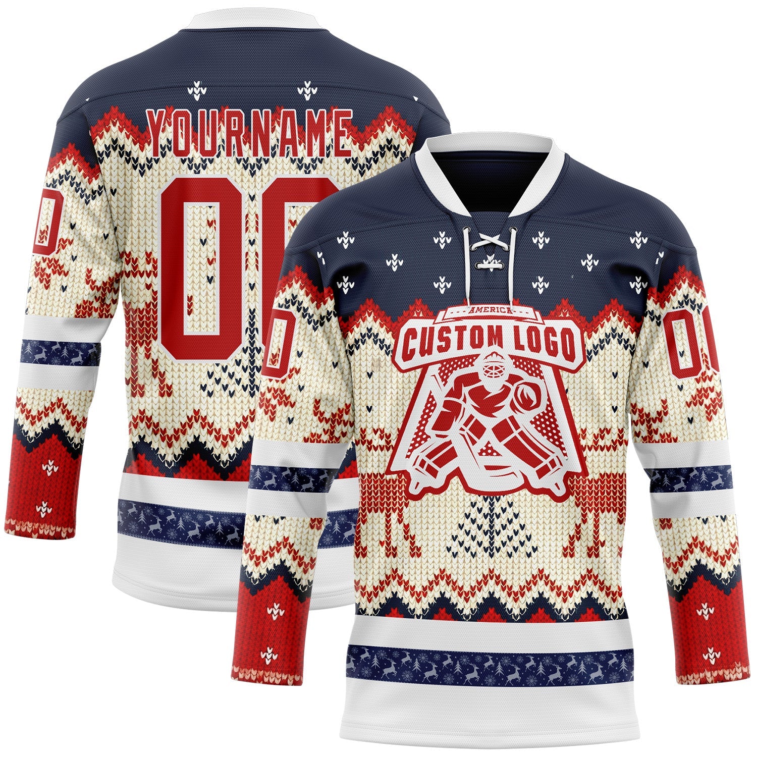 Custom Navy Red-White 3D Christmas Ugly Sweater Hockey Lace Neck Jersey view 2