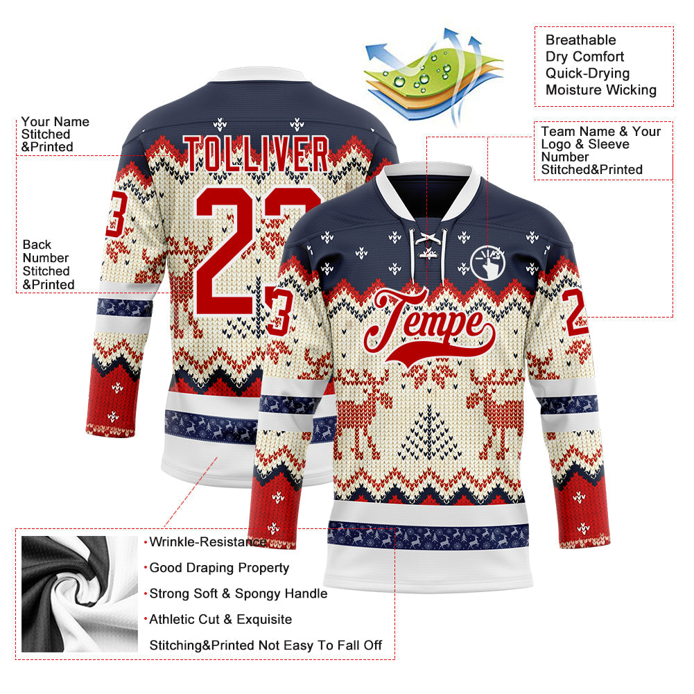 Custom Navy Red-White 3D Christmas Ugly Sweater Hockey Lace Neck Jersey view 3