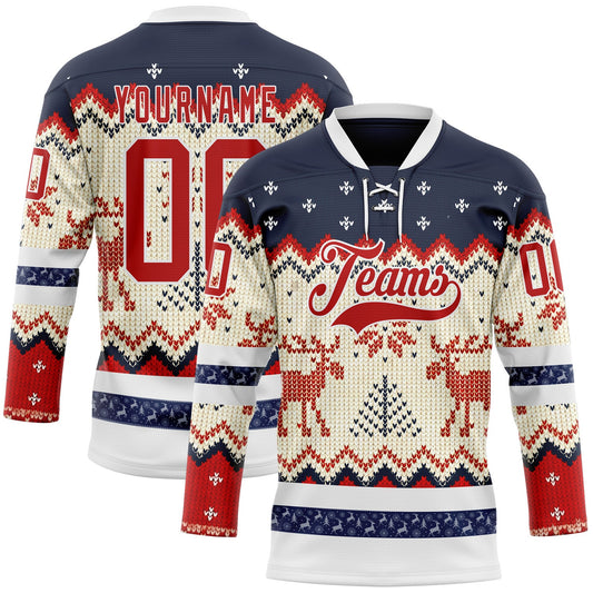 Custom Navy Red-White 3D Christmas Ugly Sweater Hockey Lace Neck Jersey - Main View