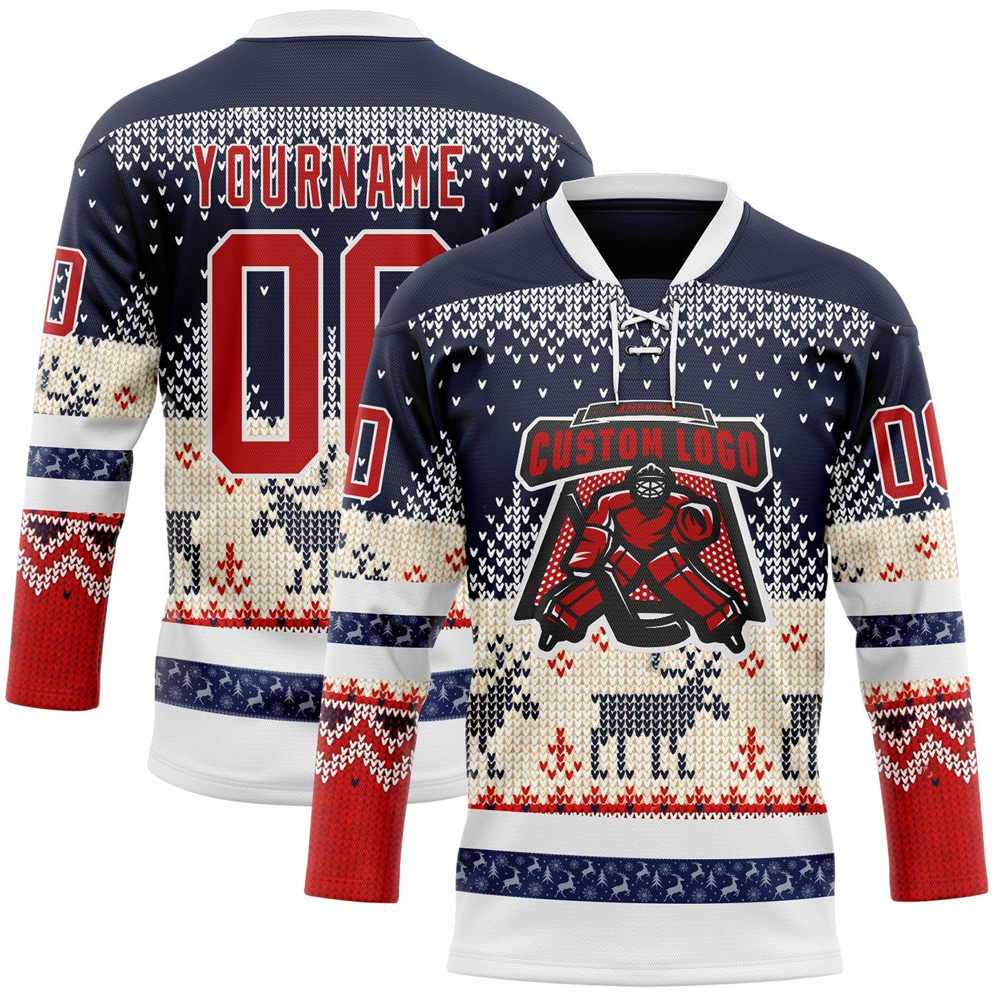 Custom Navy Red-White 3D Christmas Ugly Sweater Hockey Lace Neck Jersey view 2