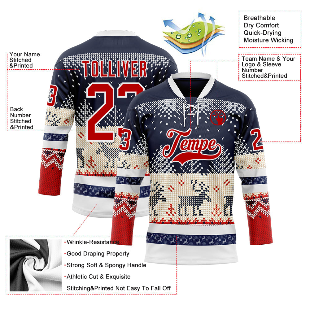 Custom Navy Red-White 3D Christmas Ugly Sweater Hockey Lace Neck Jersey view 3