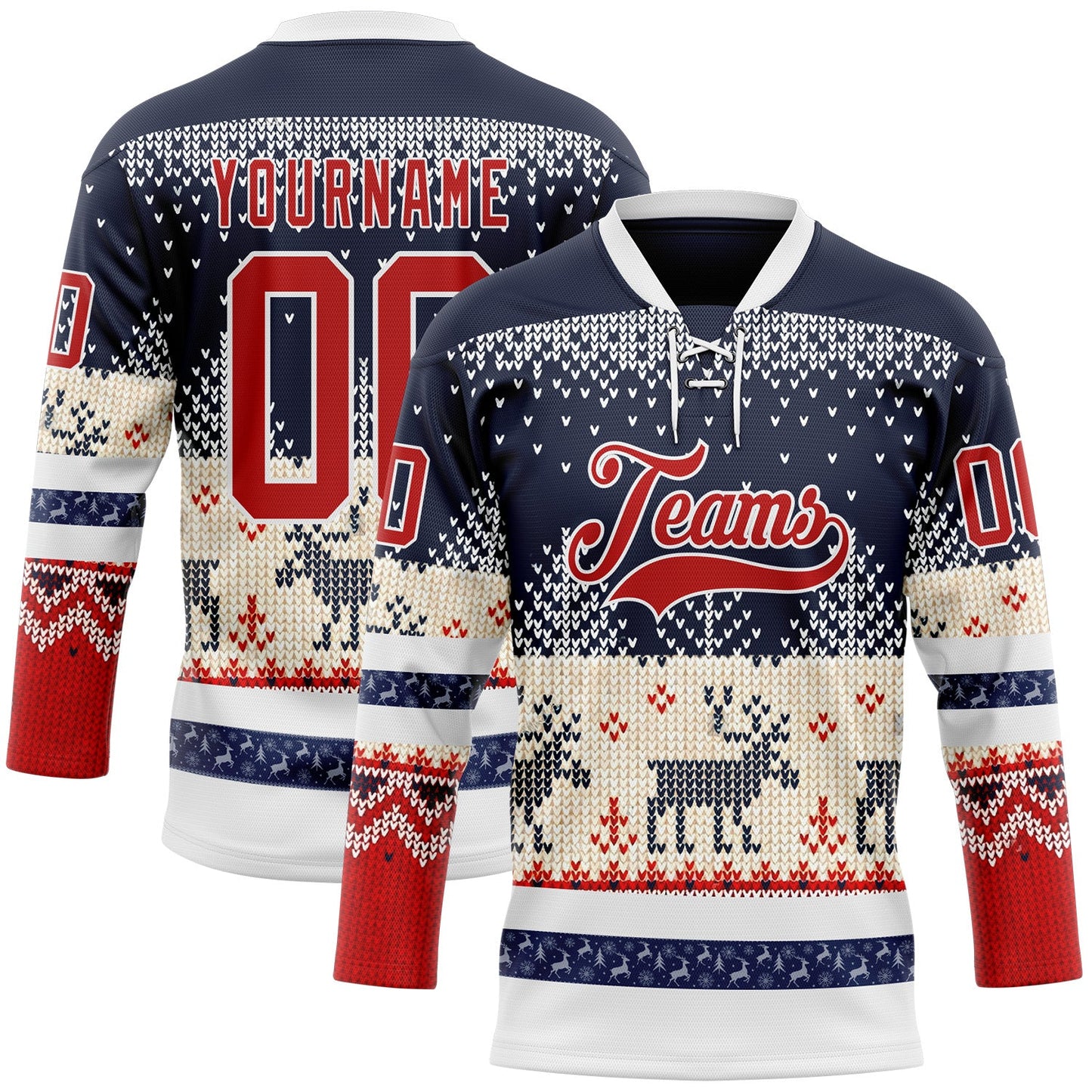 Custom Navy Red-White 3D Christmas Ugly Sweater Hockey Lace Neck Jersey - Main View