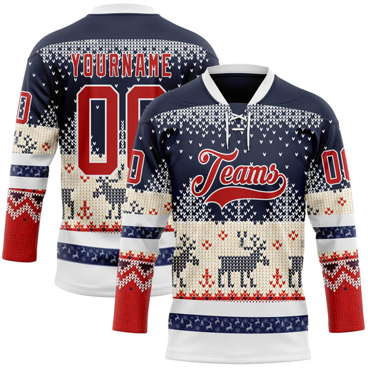 Custom Navy Red-White 3D Christmas Ugly Sweater Hockey Lace Neck Jersey - Main View