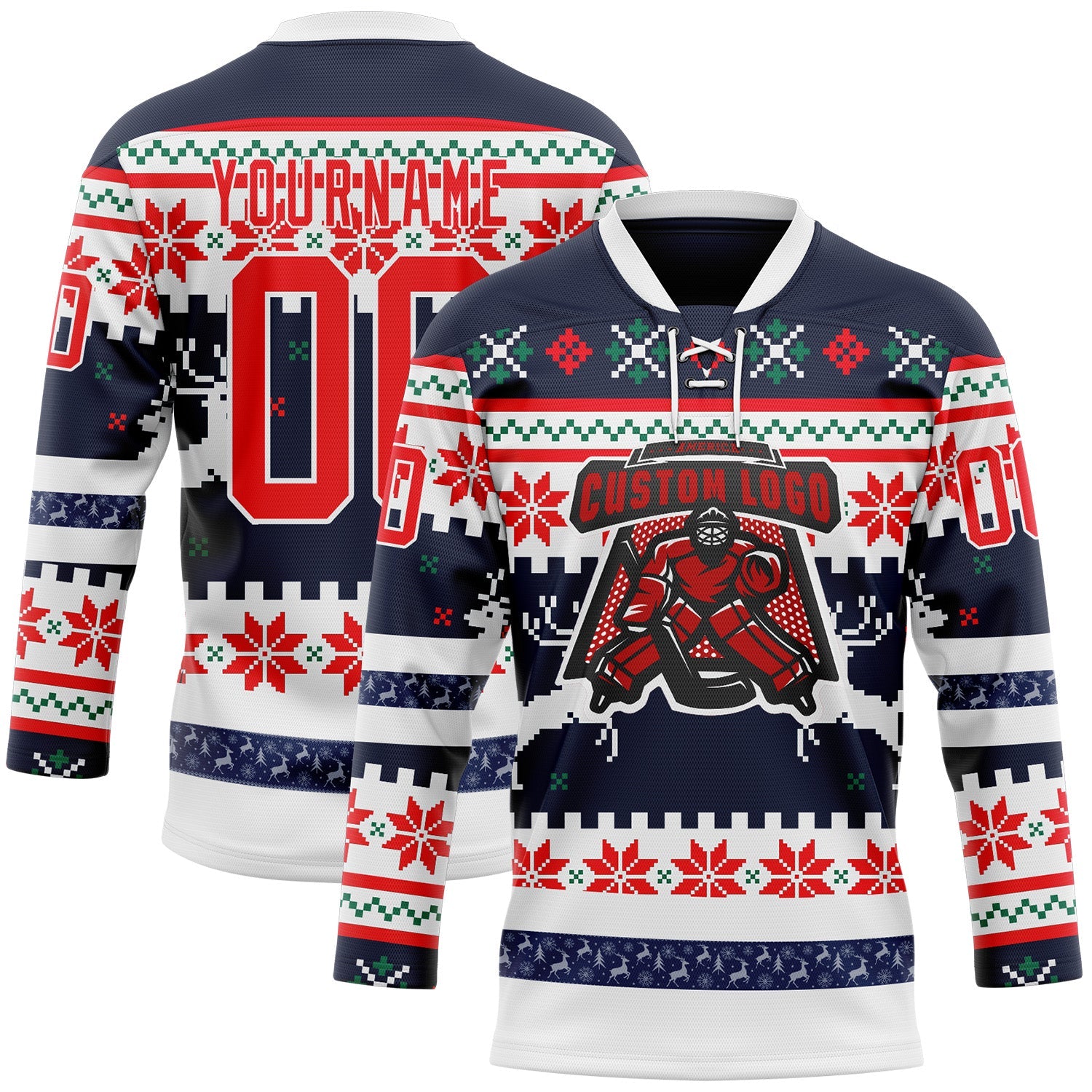 Custom Navy Fire Red-White 3D Christmas Ugly Sweater Hockey Lace Neck Jersey view 2