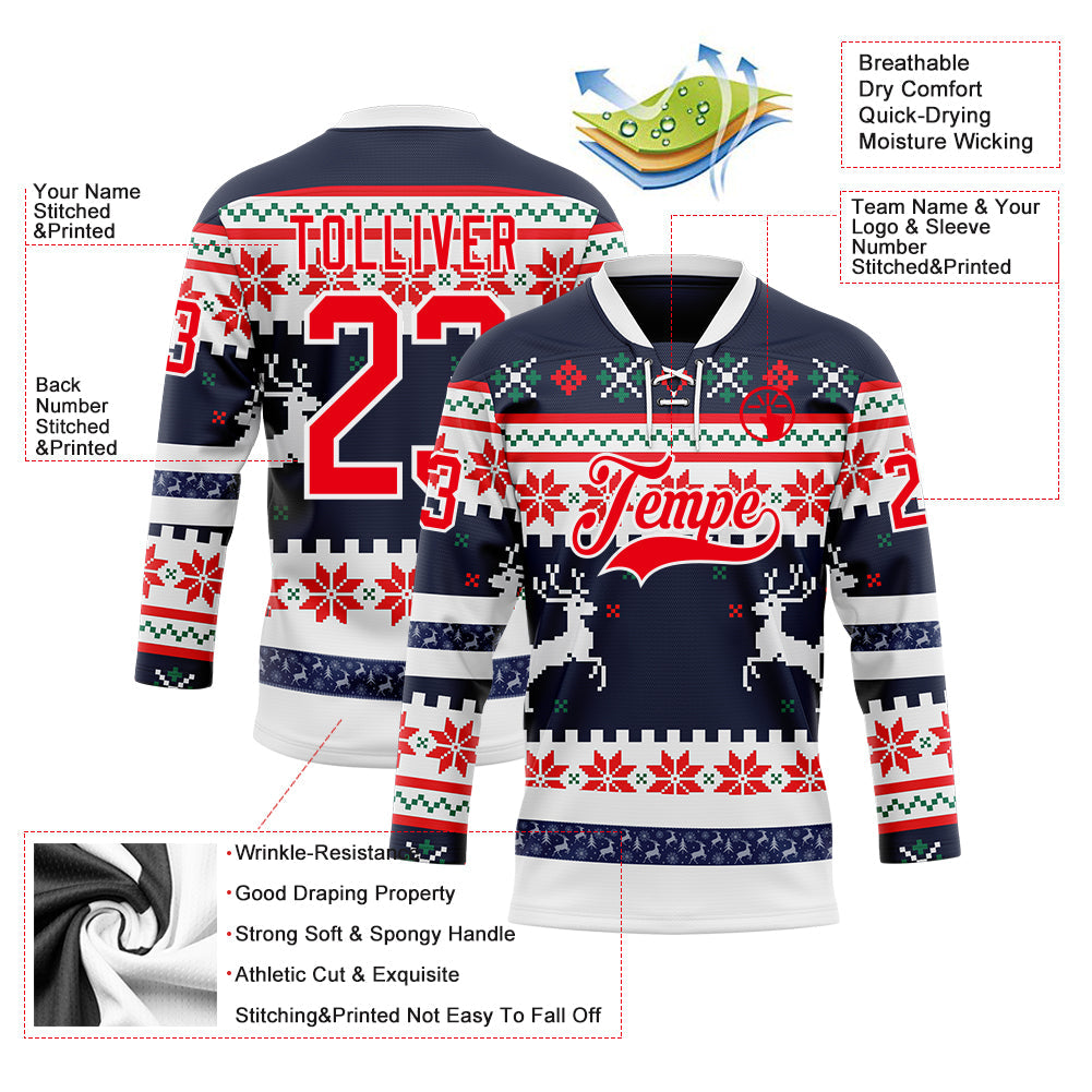 Custom Navy Fire Red-White 3D Christmas Ugly Sweater Hockey Lace Neck Jersey view 3