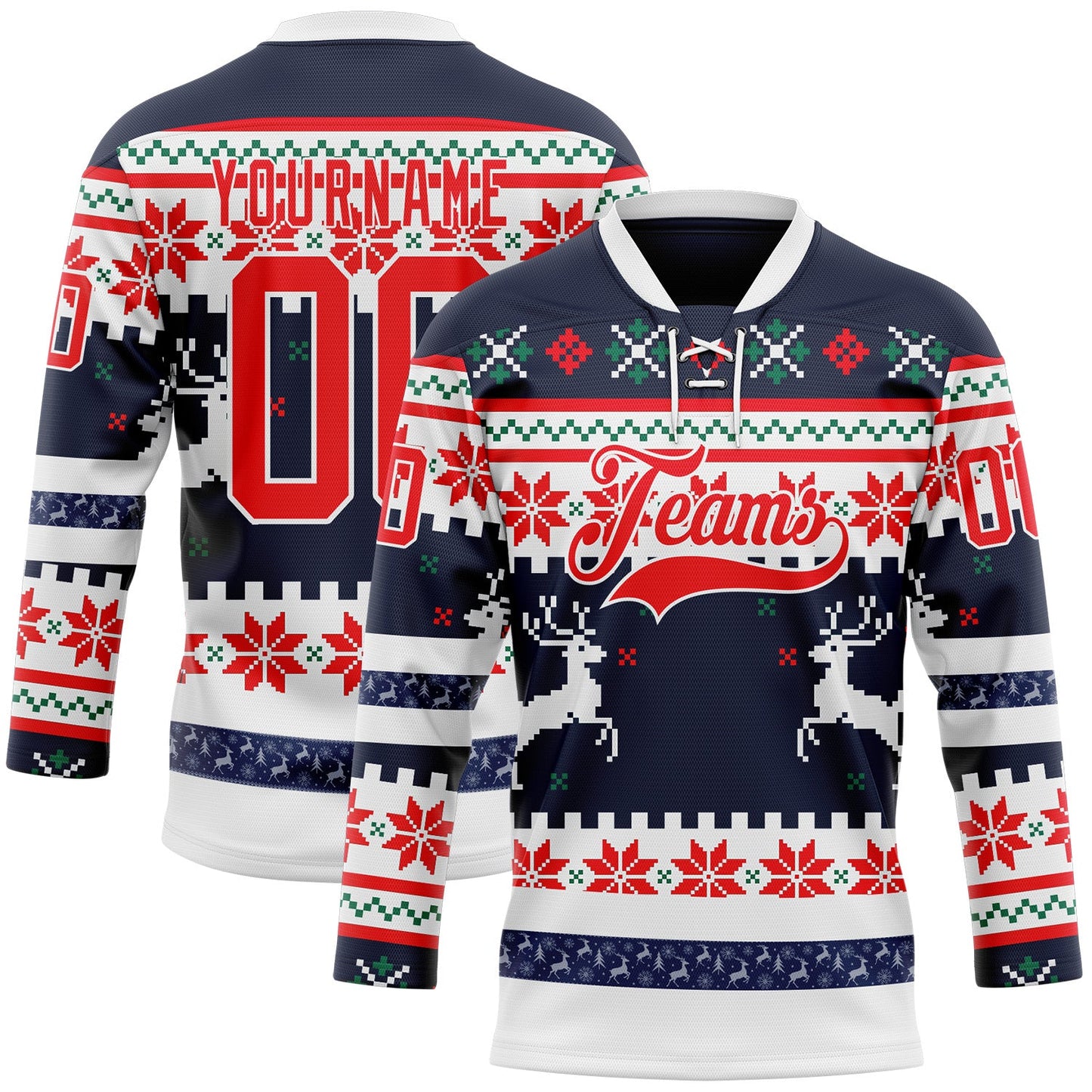 Custom Navy Fire Red-White 3D Christmas Ugly Sweater Hockey Lace Neck Jersey - Main View