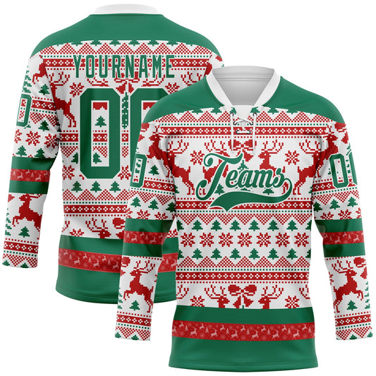 Custom Red Kelly Green-White 3D Christmas Ugly Sweater Hockey Lace Neck Jersey - Main View