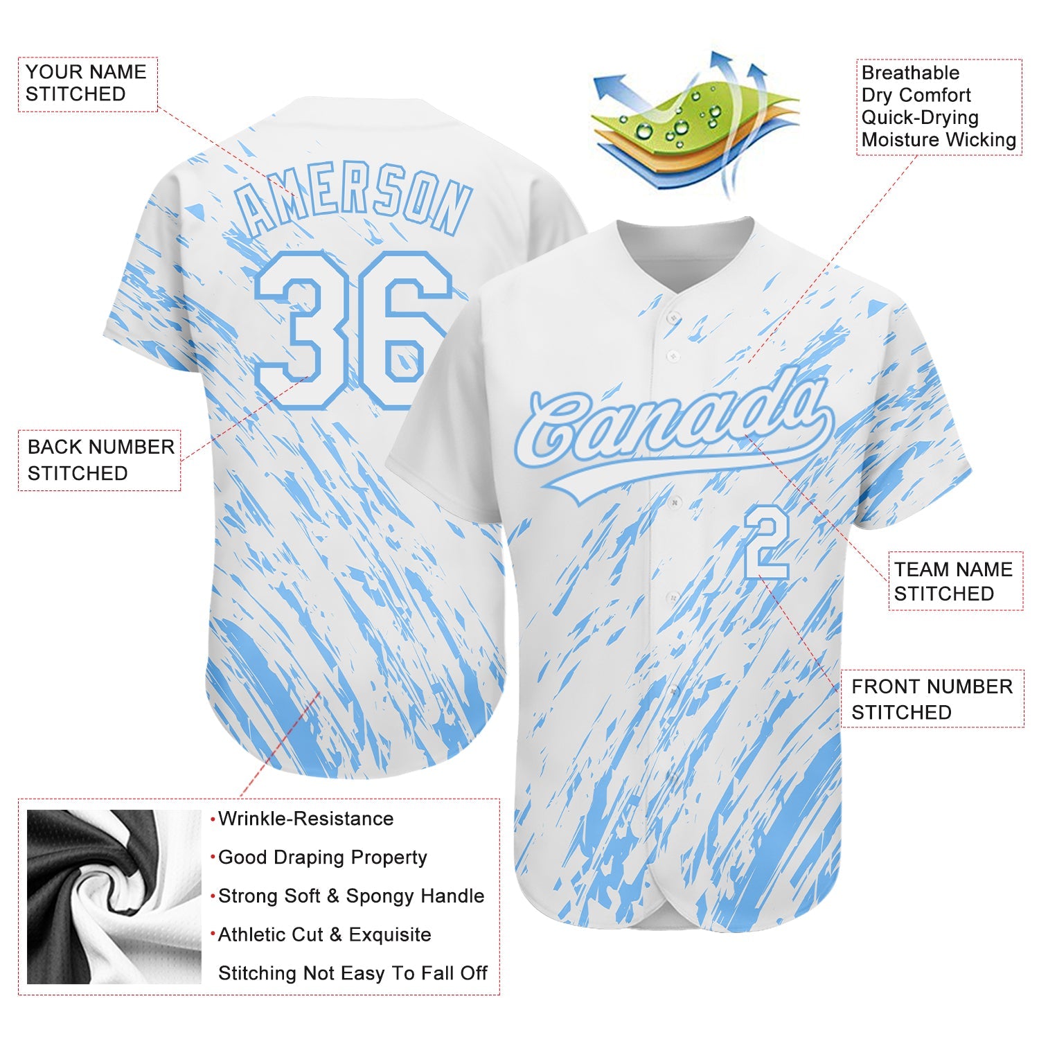 Custom White Light Blue 3D Pattern Design Authentic Baseball Jersey view 3