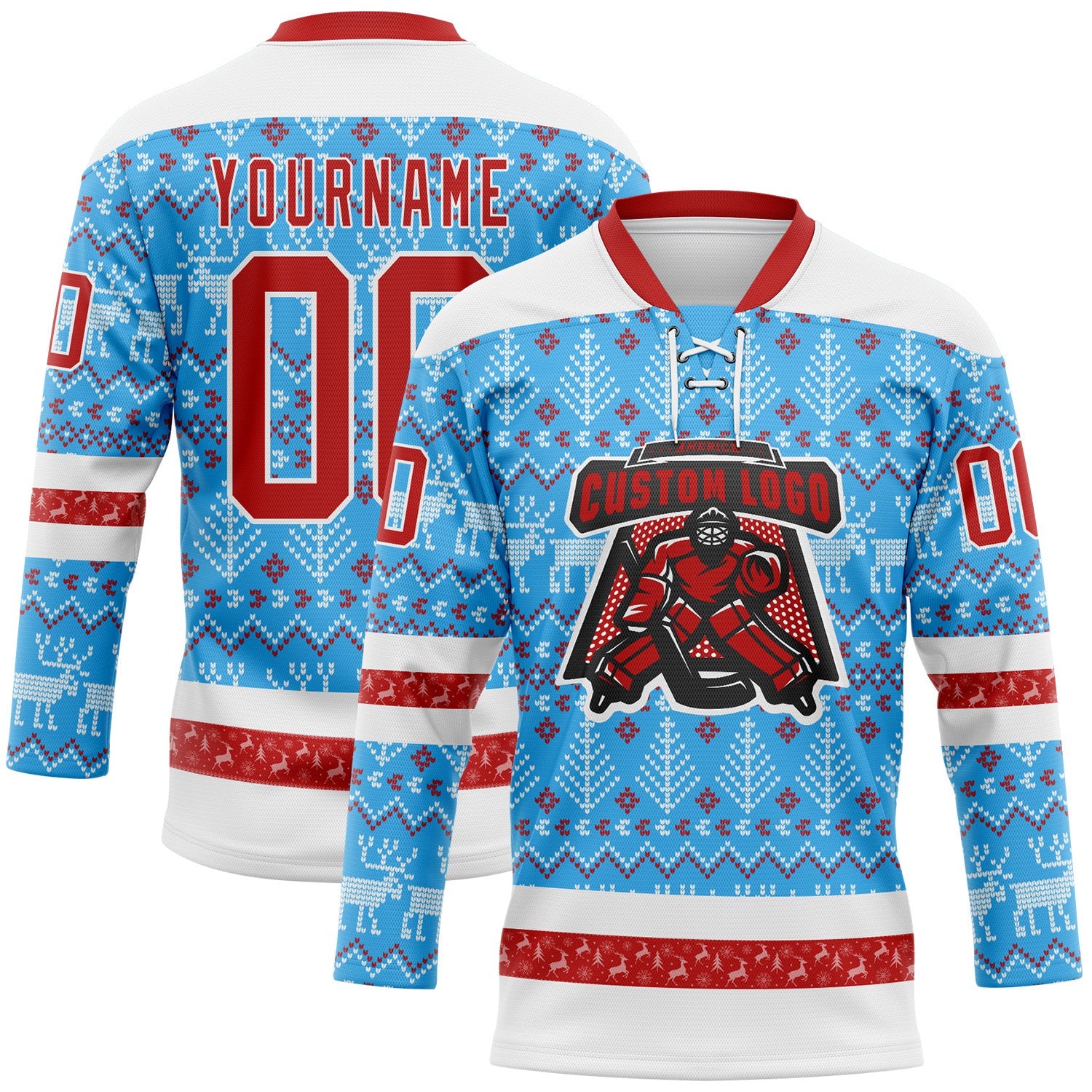 Custom Sky Blue Red-White 3D Christmas Ugly Sweater Hockey Lace Neck Jersey view 2