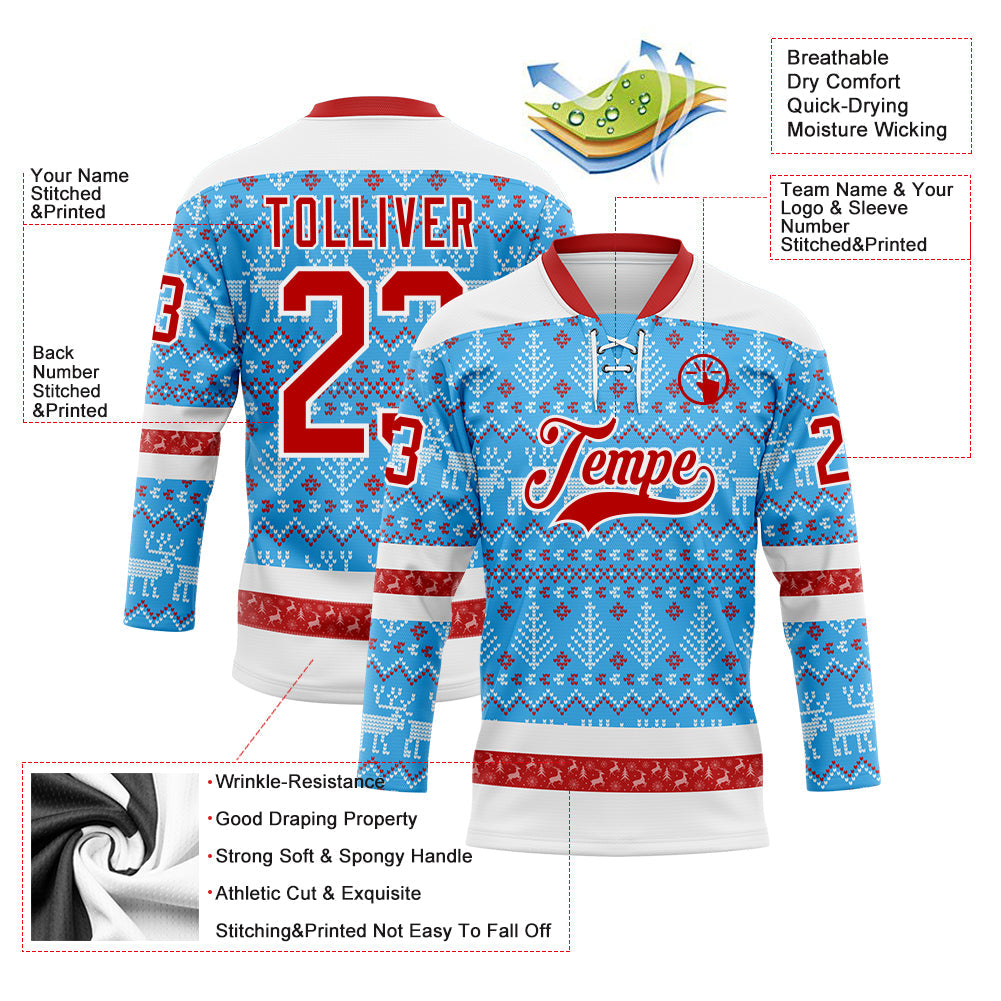Custom Sky Blue Red-White 3D Christmas Ugly Sweater Hockey Lace Neck Jersey view 3