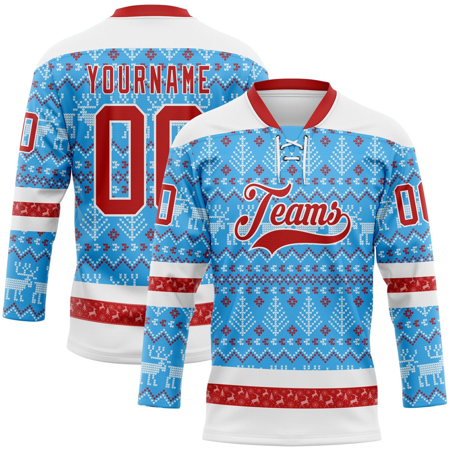 Custom Sky Blue Red-White 3D Christmas Ugly Sweater Hockey Lace Neck Jersey - Main View