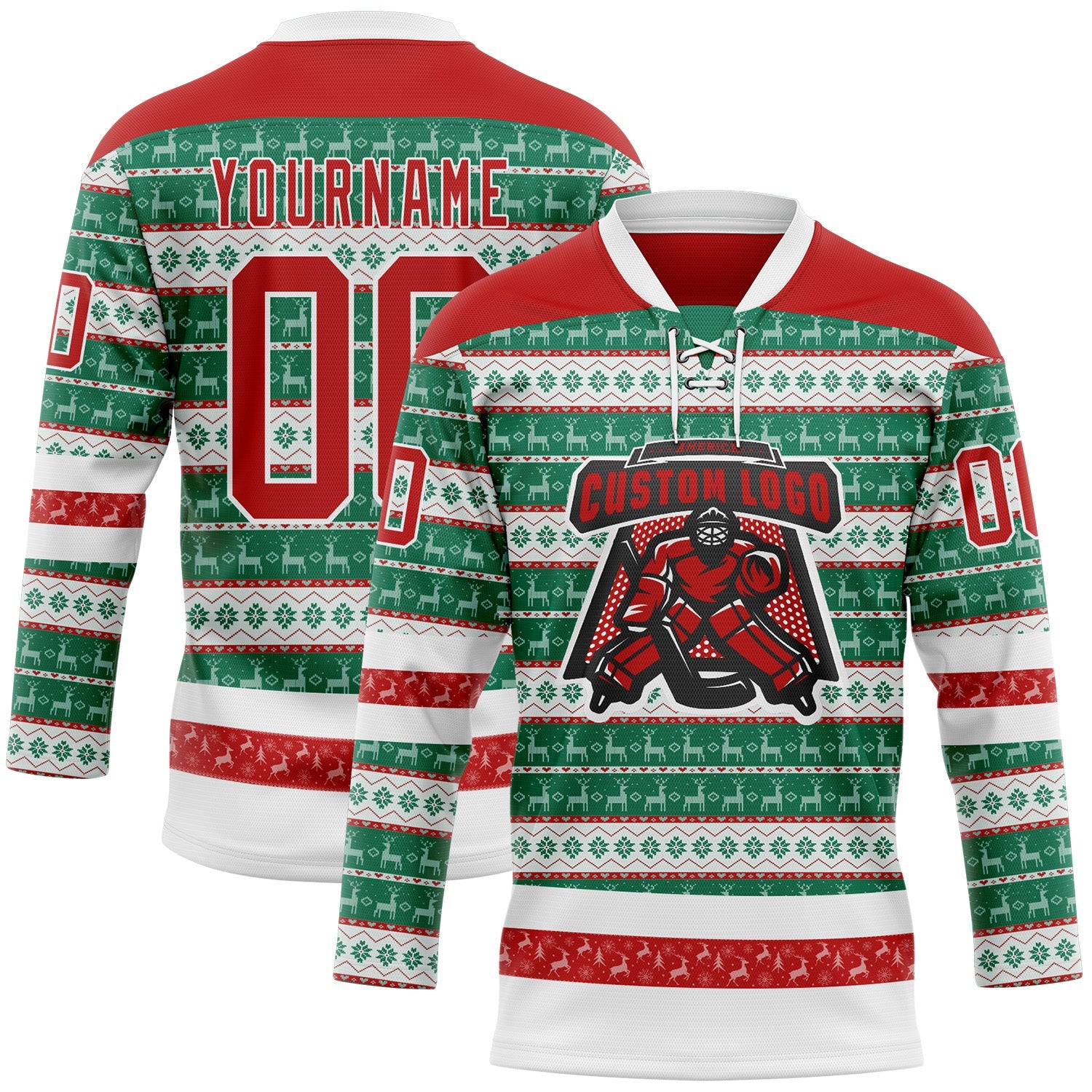 Custom Kelly Green Red-White 3D Christmas Ugly Sweater Hockey Lace Neck Jersey view 2