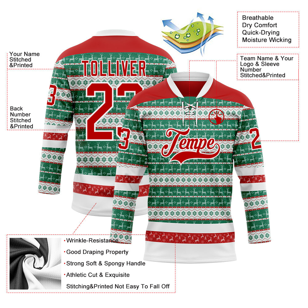 Custom Kelly Green Red-White 3D Christmas Ugly Sweater Hockey Lace Neck Jersey view 3