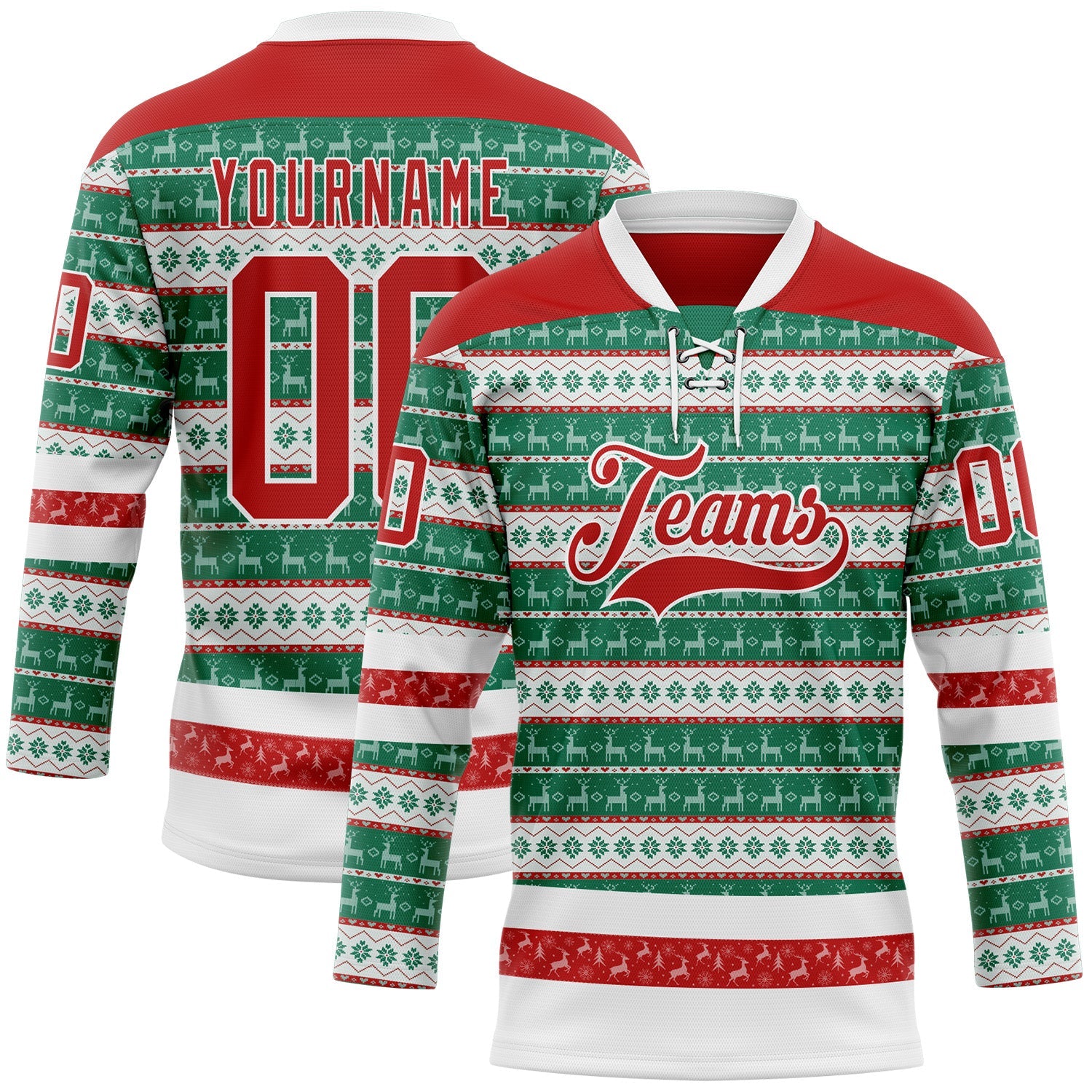 Custom Kelly Green Red-White 3D Christmas Ugly Sweater Hockey Lace Neck Jersey - Main View