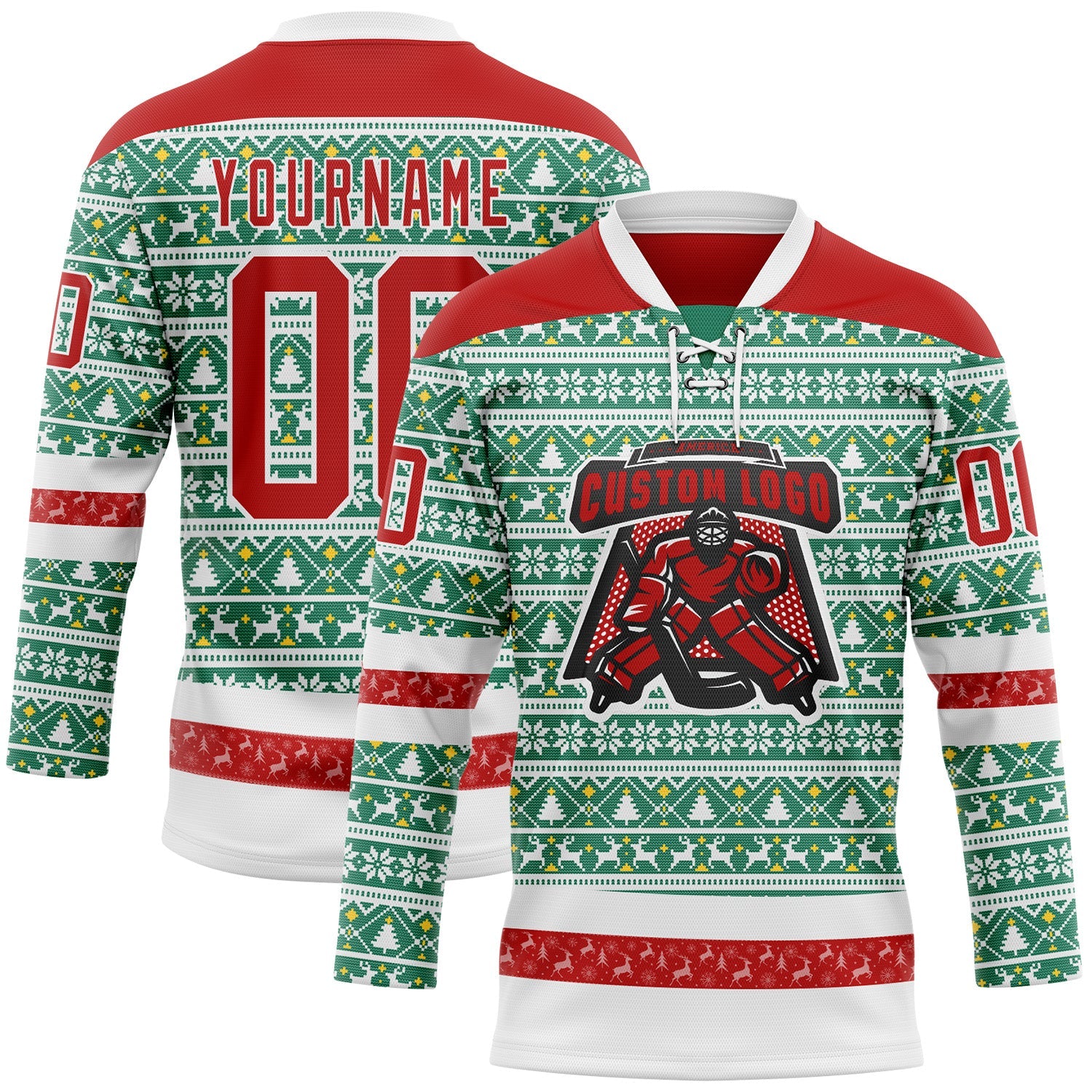 Custom Kelly Green Red-White 3D Christmas Ugly Sweater Hockey Lace Neck Jersey view 2