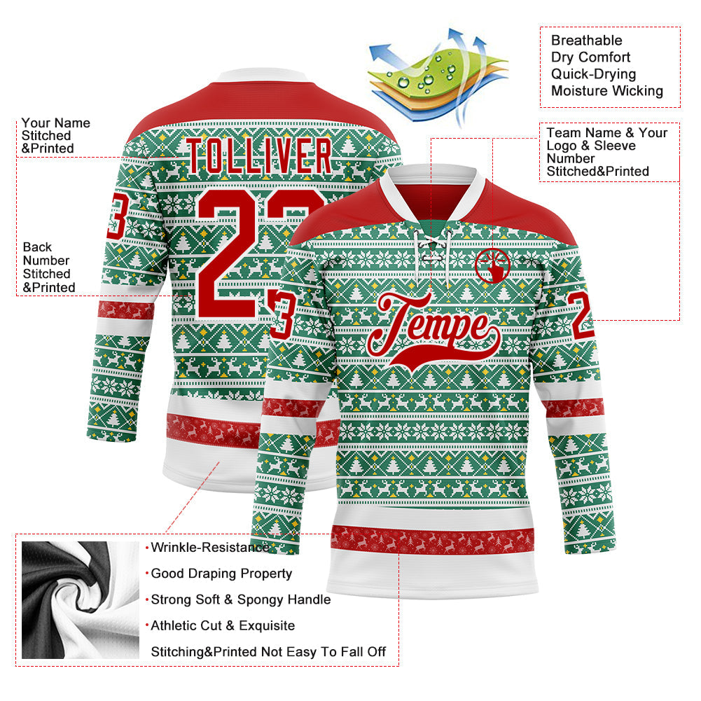 Custom Kelly Green Red-White 3D Christmas Ugly Sweater Hockey Lace Neck Jersey view 3