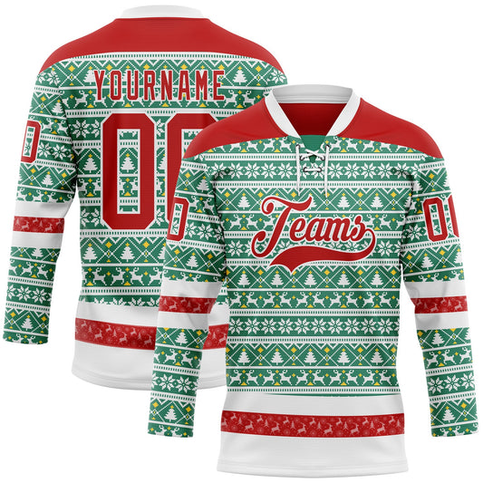 Custom Kelly Green Red-White 3D Christmas Ugly Sweater Hockey Lace Neck Jersey - Main View