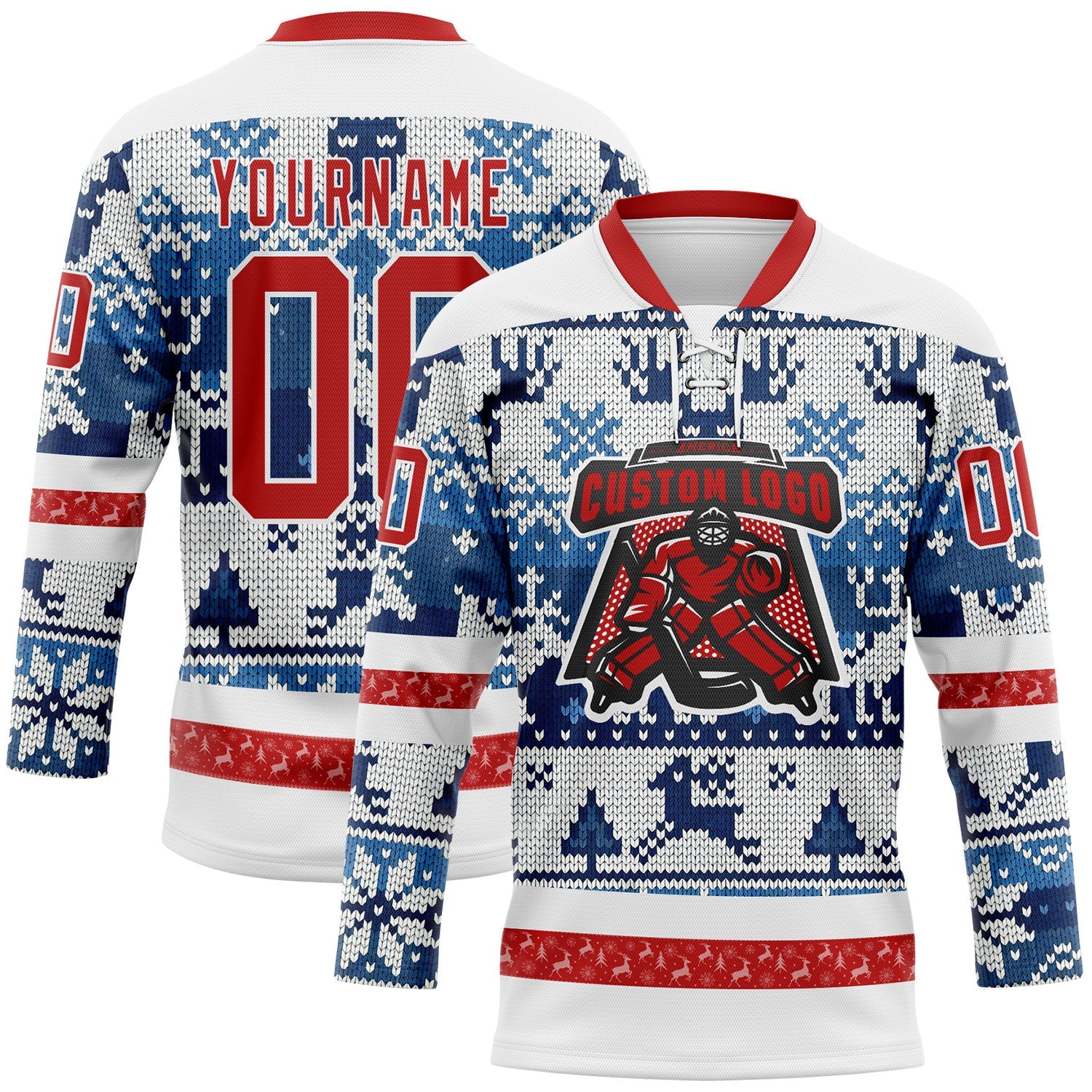 Custom Blue Red-White 3D Christmas Ugly Sweater Hockey Lace Neck Jersey view 2