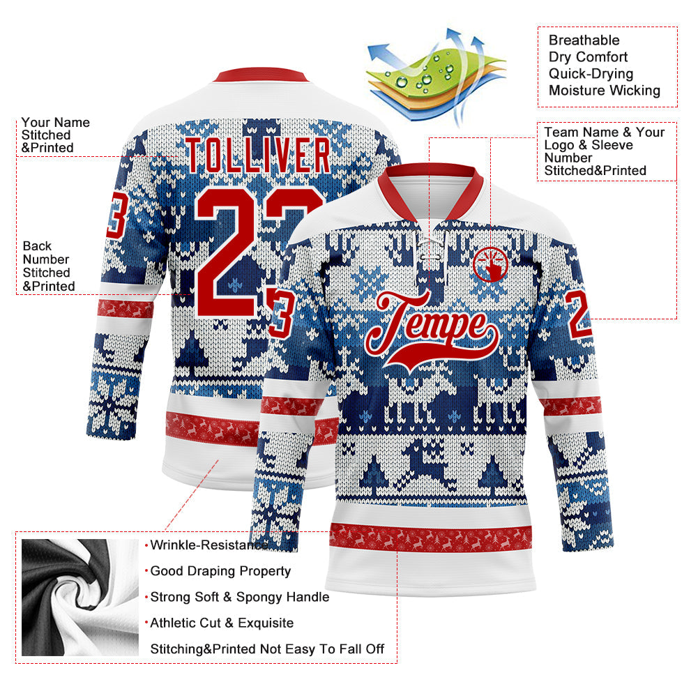 Custom Blue Red-White 3D Christmas Ugly Sweater Hockey Lace Neck Jersey view 3